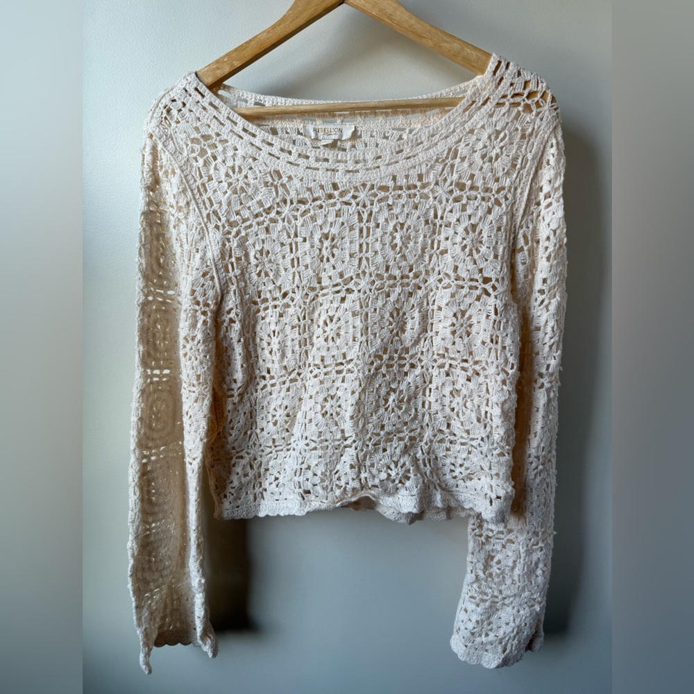 Granny‎ Square Crochet Sweater Festival Boho Cottagecore Neutral Open Knit M